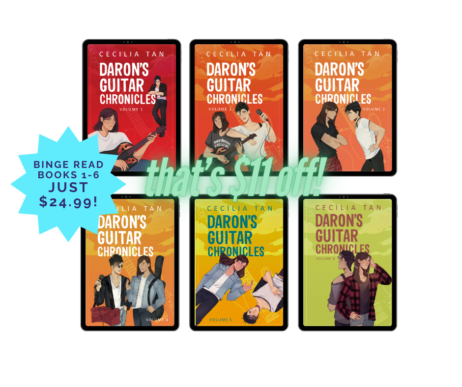 Image showing six ebook covers ranging from red to orange to yellow to green and the price $24.99 saying Binge Read Books 1-6 for just $24.99, that's $11.00 off!